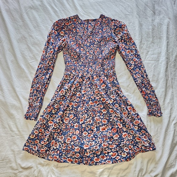 Boden Shirred Bodice Floral Dress 6R Long Sleeve Puff Shoulder V-Neck Mini Boho - Picture 3 of 8